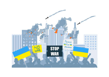 Protest against the war in Ukraine. People with flags and posters protest against the war. stop the war. no war. Vector illustration in a flat style.のイラスト素材