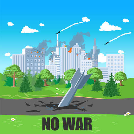 no war. The ruined city is on fire from bombs and shells. stop the war. vector illustration.のイラスト素材