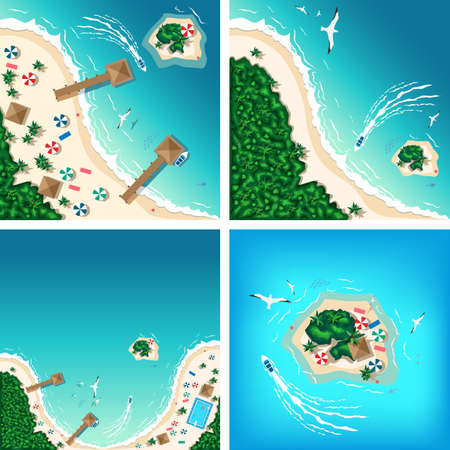 Aerial view of tropical beach and islands. summer travel. Motor boats, seagulls, bungalows, sun loungers and palm trees on a tropical beach by the sea. Set of vector illustration iのイラスト素材