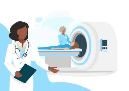Vector illustration of a patient undergoing MRI diagnostics in a medical center. magnetic resonance imaging. Modern medical technologies.のイラスト素材