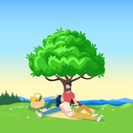Vector illustration of a happy couple in love on a picnic. A young girl and a young man are happily and cheerfully resting in nature.のイラスト素材