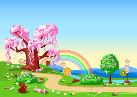 Sweet cotton candy tree in candy land. Fairy tale tree surrounded by sweets, candies and sugar fruits. Vector illustration of a fairytale landscape.のイラスト素材