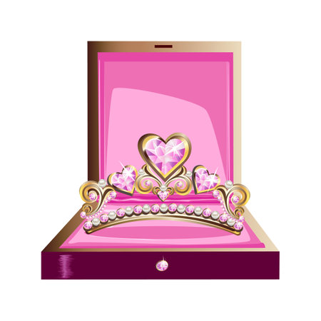 Jewelry box with a tiara decorated with pearls, pink gems for a beautiful princess. Fairy princess jewelry. vector illustration.のイラスト素材