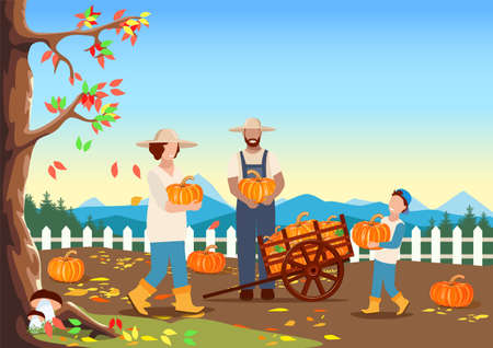 A happy family is harvesting pumpkins in their garden in an old wooden wheelbarrow. Happy Thanksgiving. Vector illustration in a flat style.のイラスト素材