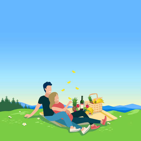 Vector illustration of a happy couple in love on a picnic. A young girl and a young man are happily and cheerfully resting in nature.のイラスト素材