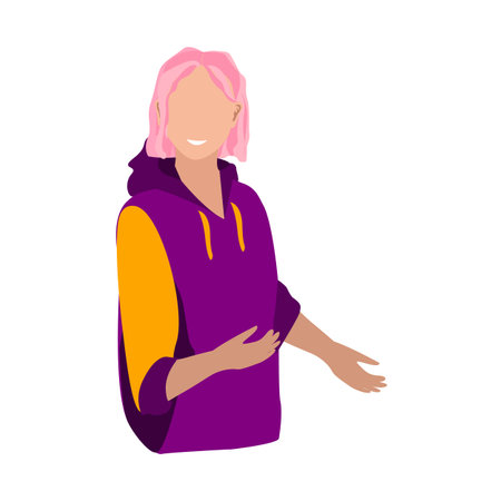 A friendly young girl with pink hair cordially invites with a hand gesture. Vector illustration in a flat style on a white background.のイラスト素材