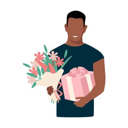 A friendly young man holds a gift box in his hands. congratulations on the holiday. Vector illustration isolated on white background.のイラスト素材