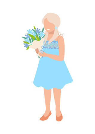 Cute little girl in an airy dress with a bouquet of flowers. congratulations on the holiday. Vector illustration isolated on white background.のイラスト素材