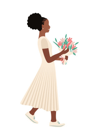 Cute little girl in an airy dress with a bouquet of flowers. congratulations on the holiday. Vector illustration isolated on white background.のイラスト素材