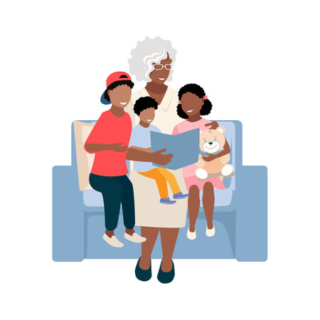 Grandmother reads a fairy tale to her grandchildren. Grandmother has fun with her grandchildren. happy time with family. Vector illustration isolated on white background.のイラスト素材
