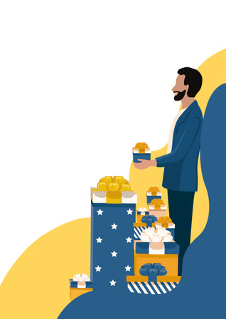 Happy men and women with gifts in their hands. A set of vector illustrations of friendly men in a simple style. Shopping, sale and holiday greetings.のイラスト素材