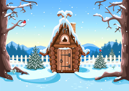 A fairy tale hut made of logs with a snow-covered roof, a stone chimney and a horseshoe for good luck. Old village house in winter. Vector illustration in cartoon style. winter faiのイラスト素材