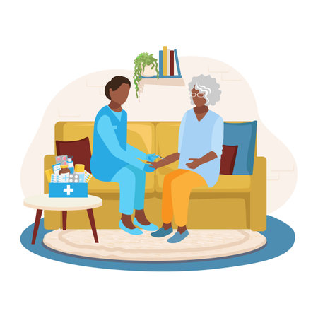 Doctor provide medical care to an elderly patient at home. Call an ambulance at home. Thank you doctors and nurses for saving lives. vector illustration.のイラスト素材