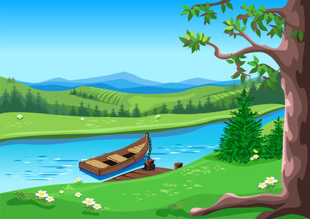 Rural landscape with mountains, flowers, meadow, big old tree, river and boat. The boat is tied to the pier. Background vector illustration.のイラスト素材