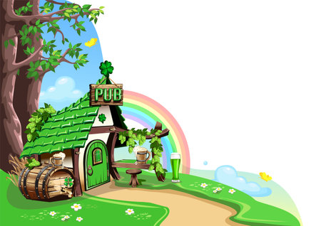 Celebrating St. Patrick's Day. Green leprechaun pub with barrels of beer. Vector illustration of a pub in cartoon style. Template for postcard, poster or media.のイラスト素材