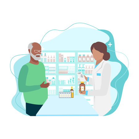 Customers in a pharmacy talk to a pharmacist and buy medicines. Pharmacy shelves are filled with vials of medicines, pills, capsules and medical supplies. vector illustration.のイラスト素材