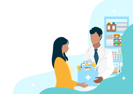 Customers in a pharmacy talk to a pharmacist and buy medicines. Pharmacy shelves are filled with vials of medicines, pills, capsules and medical supplies. vector illustration.のイラスト素材