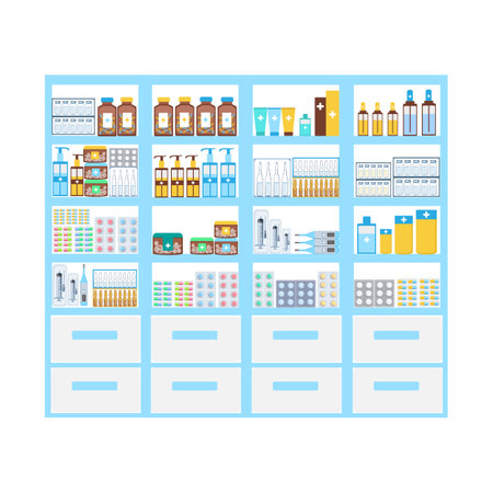 Pharmacy shelves are filled with vials of medicines, pills, capsules and medical supplies. Pharmacy interior in flat style. vector illustration.のイラスト素材