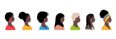 Set of profile of beautiful black women with different hairstyles. Vector illustration isolated on white background.のイラスト素材