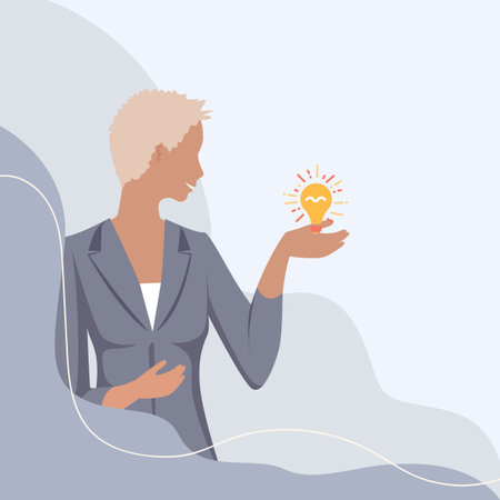 Cheerful woman with a glowing light bulb in her hand. business ideas. creative ideas. A beautiful girl shows the idea of solving problems and tasks. vector illustration.のイラスト素材