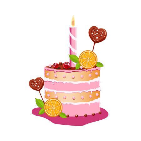 Cute cake with a pink candle and a decoration of berries, orange and chocolate hearts. Fairytale...