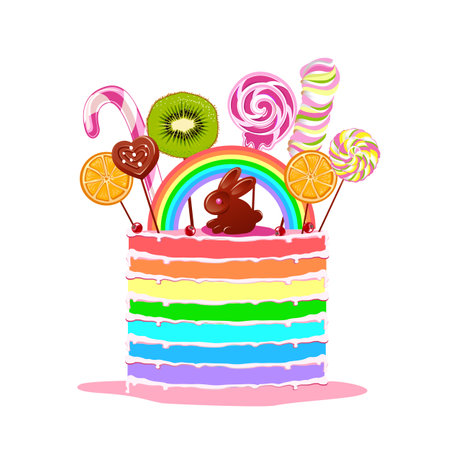 Rainbow cake decorated with rainbow, chocolate bunny, chocolates, caramels, chocolate, molasses and waffles. Fairytale background with holiday sweets. vector illustration in cartooのイラスト素材