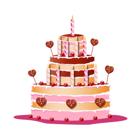 Tiered cake with pink candles and decoration of berries and chocolate hearts. Fairytale background with holiday sweets. Vector illustration in cartoon style.のイラスト素材