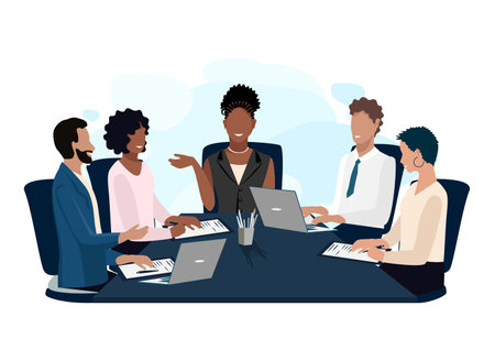 business meeting. Business men and women conference, study, hold a seminar, conference and discuss profit. Vector illustration in a flat style.のイラスト素材