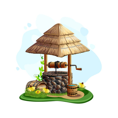 Old stone well with thatched roof. Source with clean water. Vector illustration in cartoon style isolated on white background.のイラスト素材