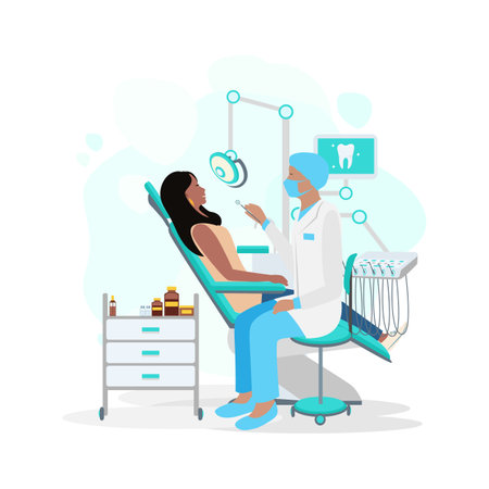 Woman at the dentist's appointment in the dental office. Dentistry. Treatment, prosthetics, prevention, professional cleaning and whitening of teeth. Vector illustration in a simplのイラスト素材