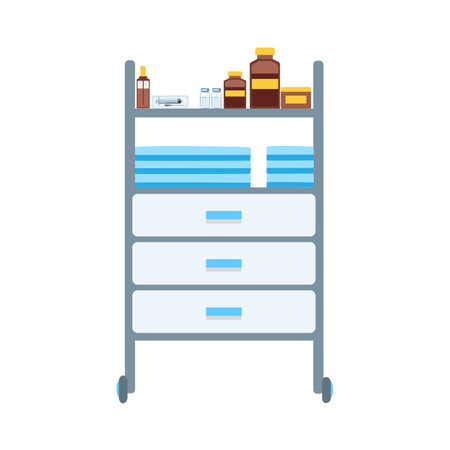 Medical trolley with ampoule, vials and medical supplies. medical furniture. Vector illustration isolated on white background.のイラスト素材