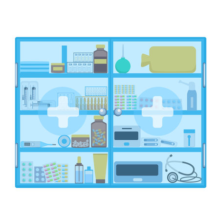 Medical cabinet with pills, medicine, vials and medical supplies. medical furniture. Vector illustration isolated on white background.のイラスト素材