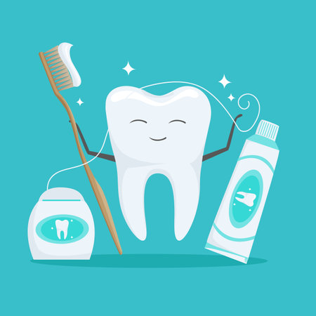 Cute healthy tooth with toothpaste, dental score and dental floss in cartoon style. Dentistry. dental care. vector illustration.のイラスト素材
