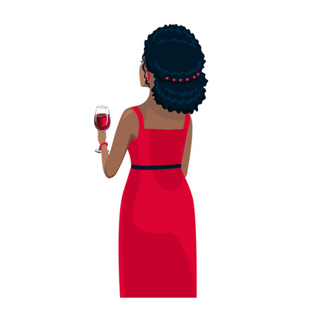 Beautiful woman with a glass of red wine. view from the back. Grape harvest and winemaking. Vector illustration isolated on white background.のイラスト素材