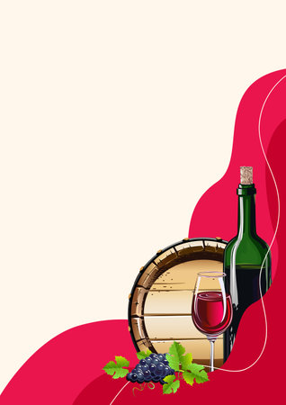 Wine and grapes realistic vector still life for poster, invitation, menu or internet decoration. Autumn harvest and delicious food and drink. Vector illustration on an abstract bacのイラスト素材