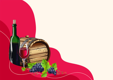 Wine and grapes realistic vector still life for poster, invitation, menu or internet decoration. Autumn harvest and delicious food and drink. Vector illustration on an abstract bacのイラスト素材