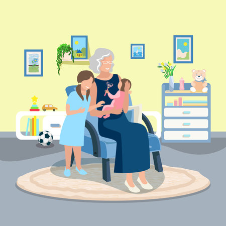 Happy grandmother plays with her grandchildren at home. family time. Vector illustration in a flat style.のイラスト素材