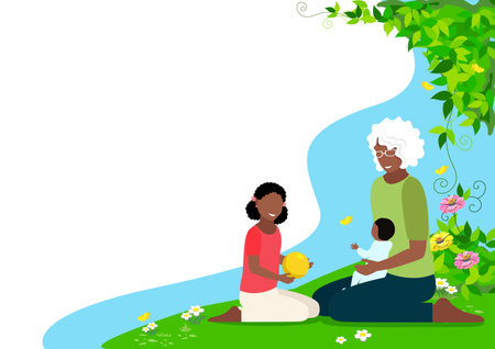 Happy grandmother plays with her grandchildren in the garden. Active rest and way of life. family time. Vector illustration in a flat style.のイラスト素材