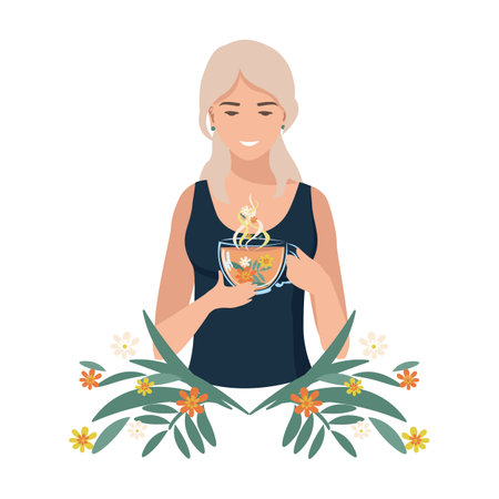 Pretty woman drinking herbal tea for health. Alternative medicine and herbal medicine. Rest and relax. vector illustration.のイラスト素材