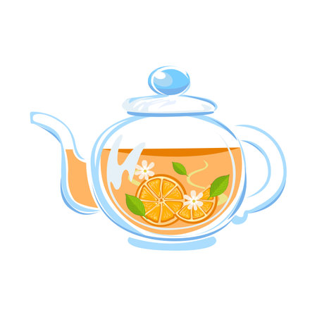 Herbal tea in a glass teapot. alternative medicine and diet. Useful properties of medicinal herbs. Vector illustration isolated on white background.のイラスト素材