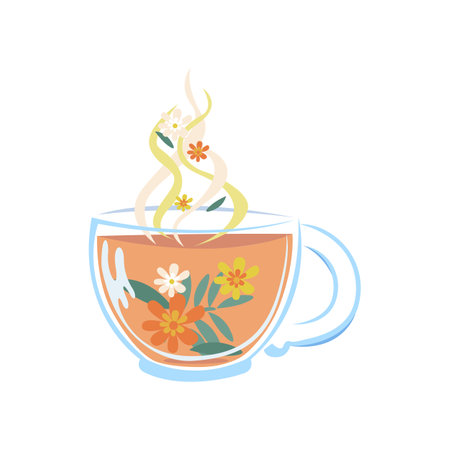 Herbal tea in a glass mug. alternative medicine and diet. Useful properties of medicinal herbs. Vector illustration isolated on white background.のイラスト素材
