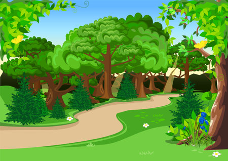 Path through a fairy tale forest with big old trees and a flowering meadow. Vector illustration of beautiful nature.のイラスト素材