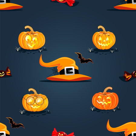 Happy Halloween cheerful seamless pattern. Dark background with smiling orange pumpkins, sweets and witch items in cartoon style for gift wrapping, fabric or paper. vectorのイラスト素材