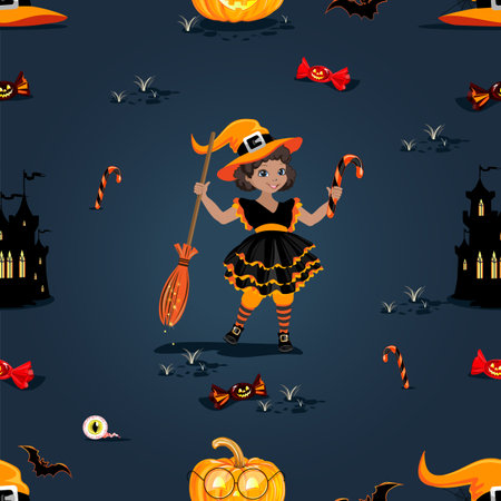Happy Halloween cheerful seamless pattern. Dark background with smiling orange pumpkins, sweets and witch items in cartoon style for gift wrapping, fabric or paper. vectorのイラスト素材