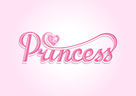 Cute pink word princess hand lettering with heart shaped gemstone