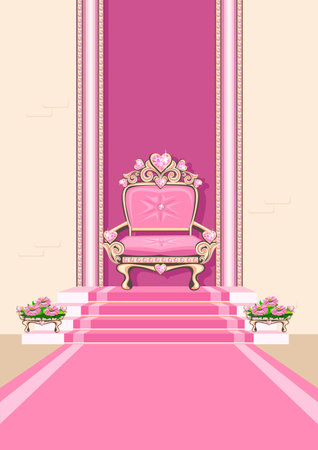 A beautiful throne room with a pink throne for a beautiful princess, adorned with pink heart shaped gems. princess castle interior. Vector illustration of a fairy tale interior ofのイラスト素材