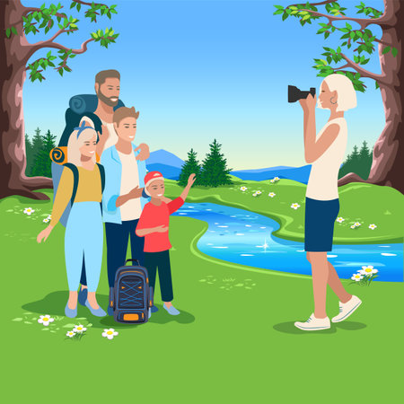 Happy parents and children go hiking or on a picnic against the backdrop of a beautiful landscape. Time for family. Vector illustration of summer camping trip with family in natureのイラスト素材