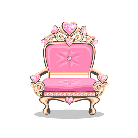 Beautiful pink throne or armchair for a beautiful princess, adorned with heart shaped pink gems. Upholstered furniture to decorate the interior of the princess castle.Vector illustのイラスト素材