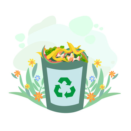 Composition of filled compost bin, plants, flowers and green background. Processing food waste into fertile soil. Waste sorting and recycling. vector illustration.のイラスト素材