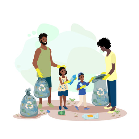 Parents and children put plastic garbage together in trash bags. Take care of the environment. Sorting, recycling and waste disposal. Vector illustration isolated on white backgroundのイラスト素材